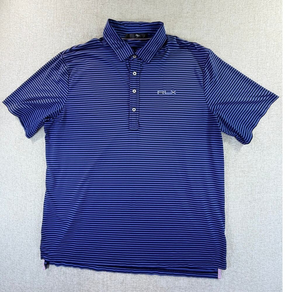 RLX Men's XL Blue Navy Striped Short Sleeve 4 Button Performance Golf Polo Shirt